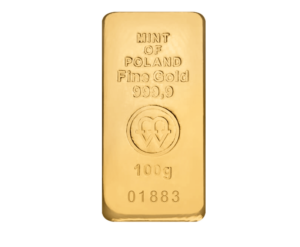 Front sztabki złota Mennicy Polskiej 100g