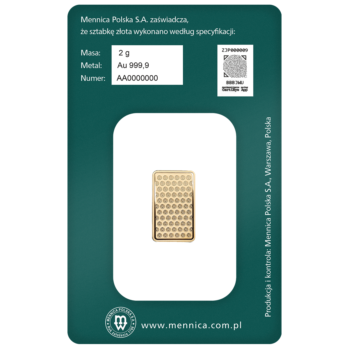 Sztabka Złota - Mennica Polska - 2 g, awers