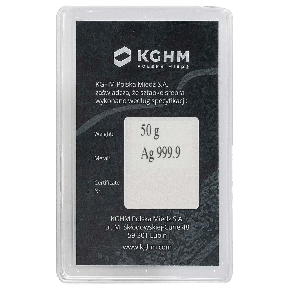 Tył, Sztabka Srebra - KGHM - 50 g
