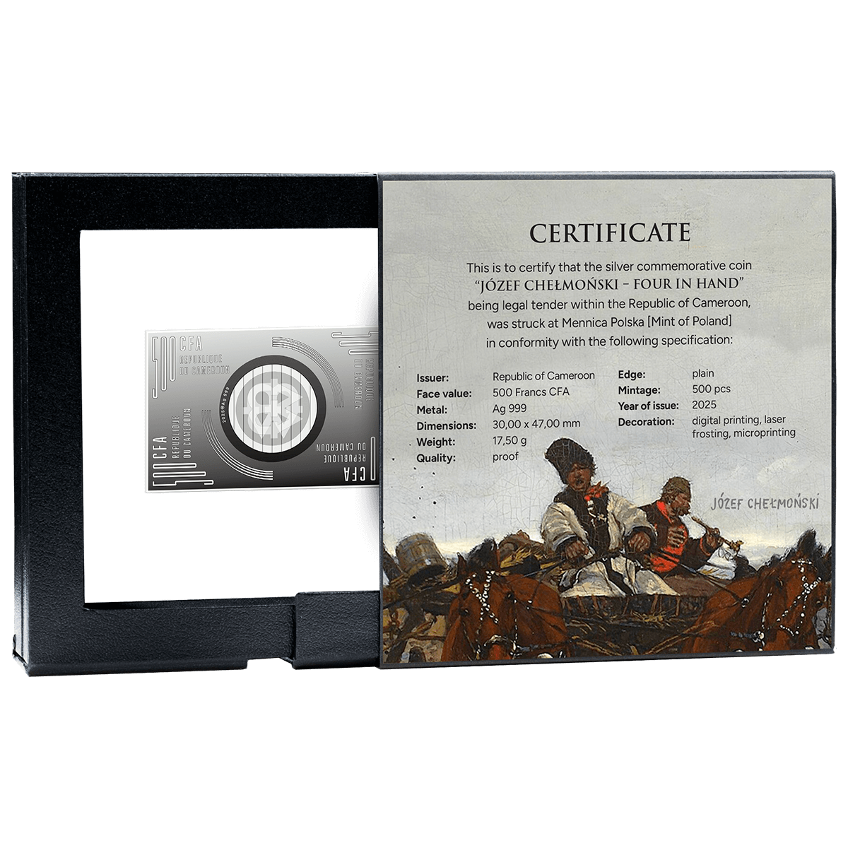 Chełmoński - Czwórka_awers BOX WWW Józef Chełmoński, Czwórka, 500 franków CFA, certyfikat