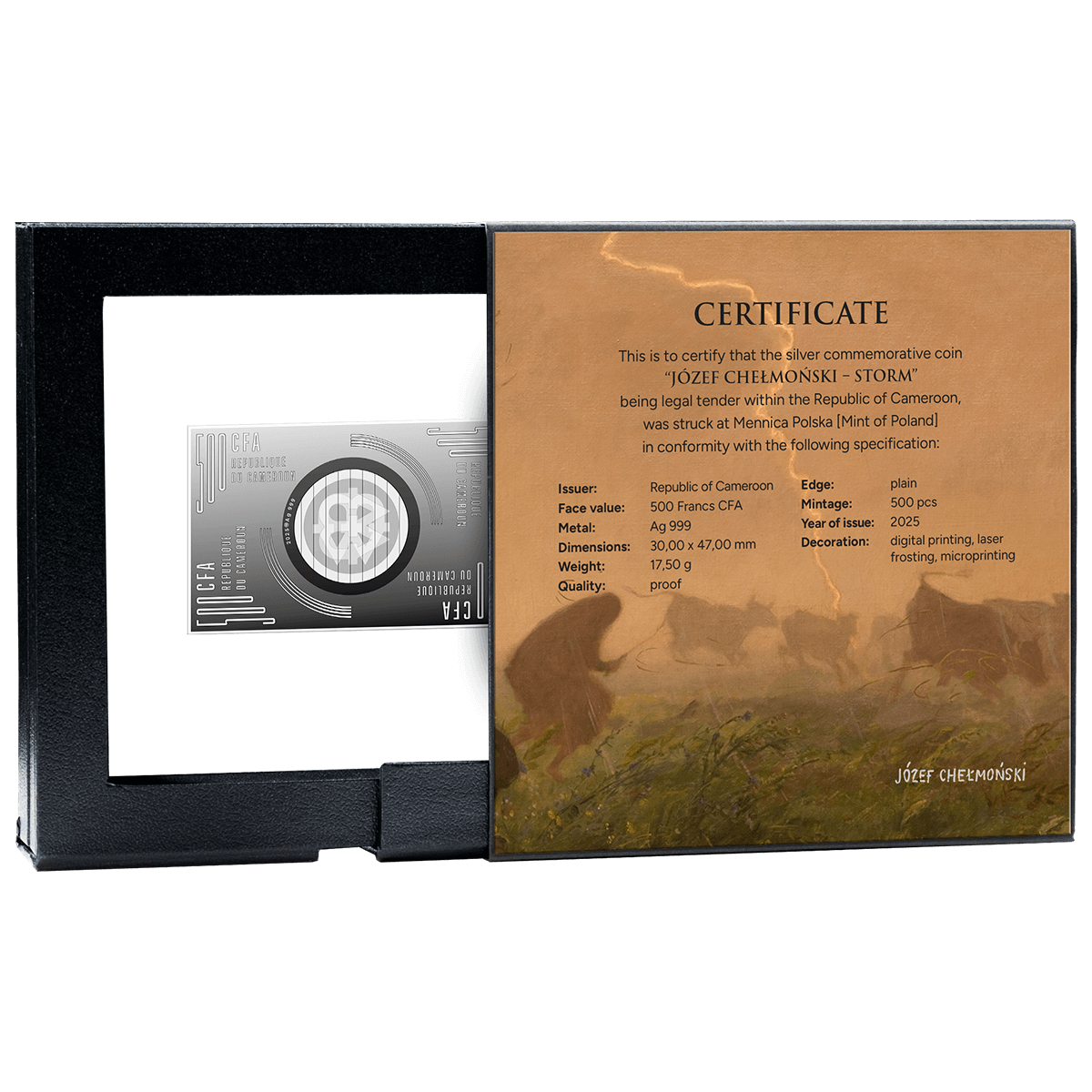 Chełmoński - Storm_box_2 Józef Chełmoński, Burza, 500 franków CFA, pudełko z certyfikatem