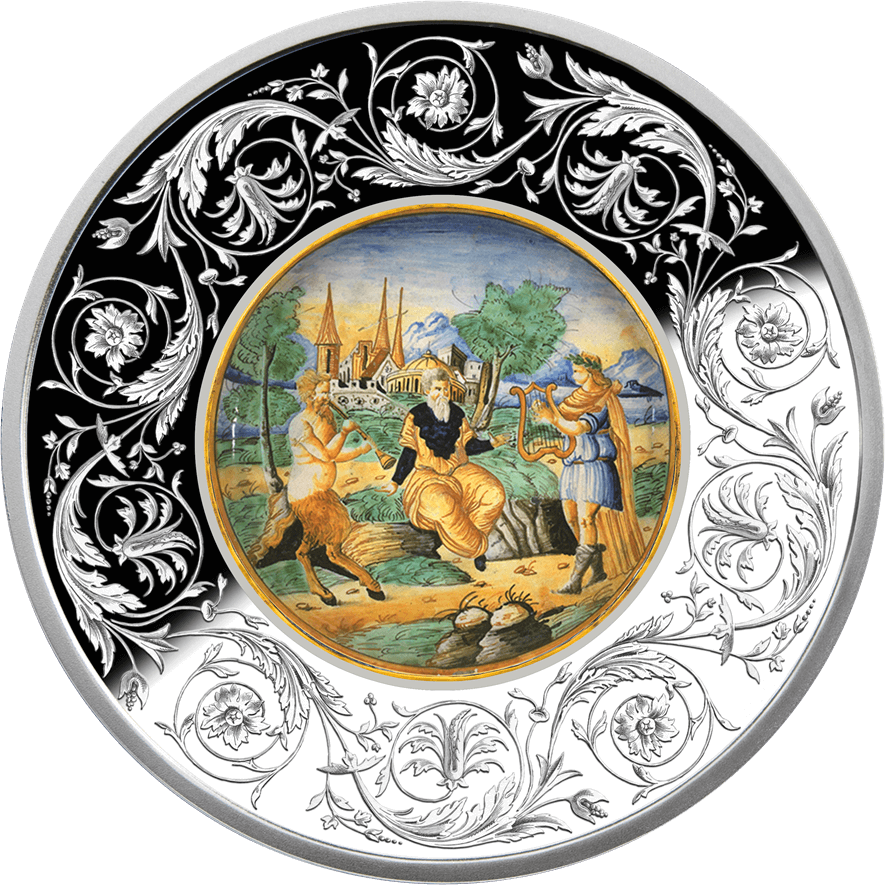 Majolika – Spór Apolla z Panem - Sąd Midasa (talerz), 5 Euro, rewers