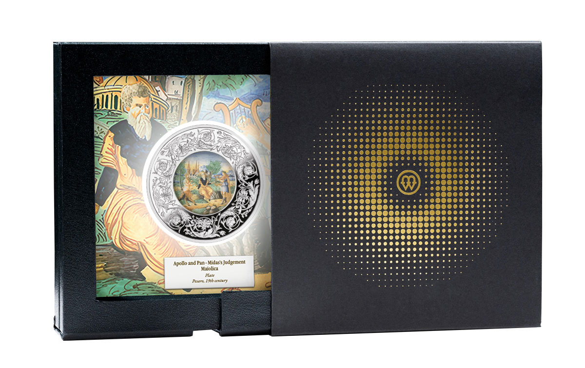 Majolika – Spór Apolla z Panem - Sąd Midasa (talerz), 5 Euro, pudełko