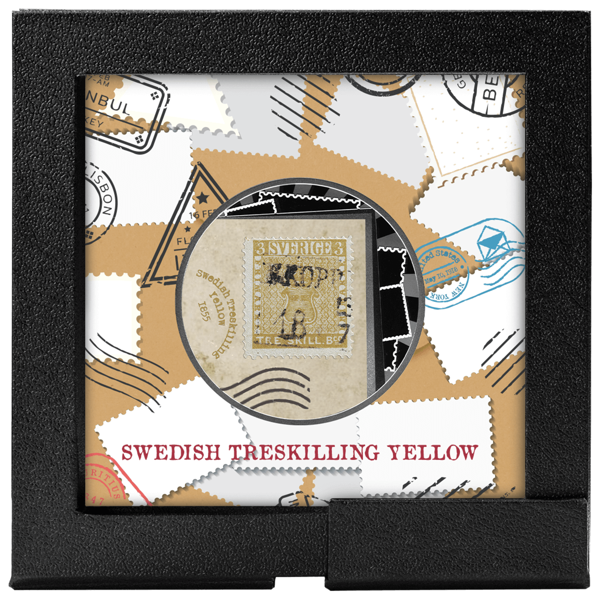 Swedish_Treskilling_Yellow_box Znaczek Swedish Treskilling Yellow, 500 franków CFA, Seria: Najdroższe znaczki świata, pudełko