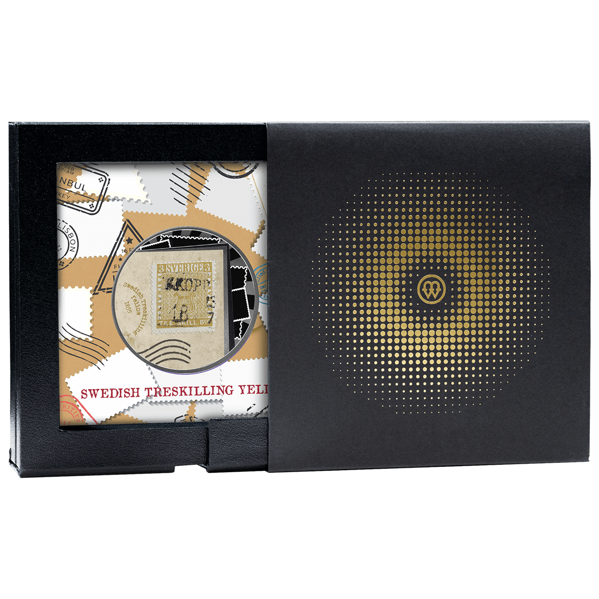 Swedish_Treskilling_Yellow_box_2 Znaczek Swedish Treskilling Yellow, 500 franków CFA, Seria: Najdroższe znaczki świata, pudełko