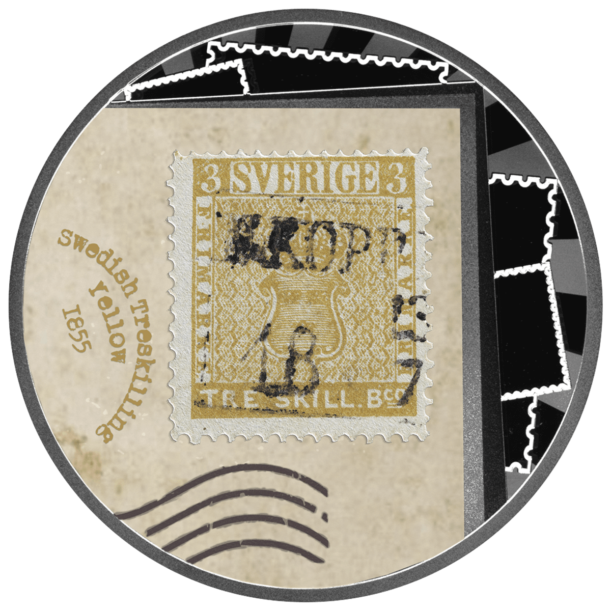 Swedish_Treskilling_Yellow_reverse Znaczek Swedish Treskilling Yellow, 500 franków CFA, Seria: Najdroższe znaczki świata, rewers