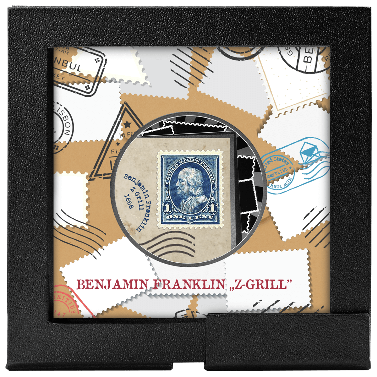 Znaczek Benjamin Franklin "Z- Grill", 500 franków CFA, Seria: Najdroższe znaczki świata, pudełko