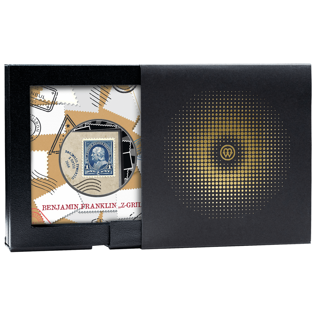 Znaczek Benjamin Franklin "Z- Grill", 500 franków CFA, Seria: Najdroższe znaczki świata, pudełko