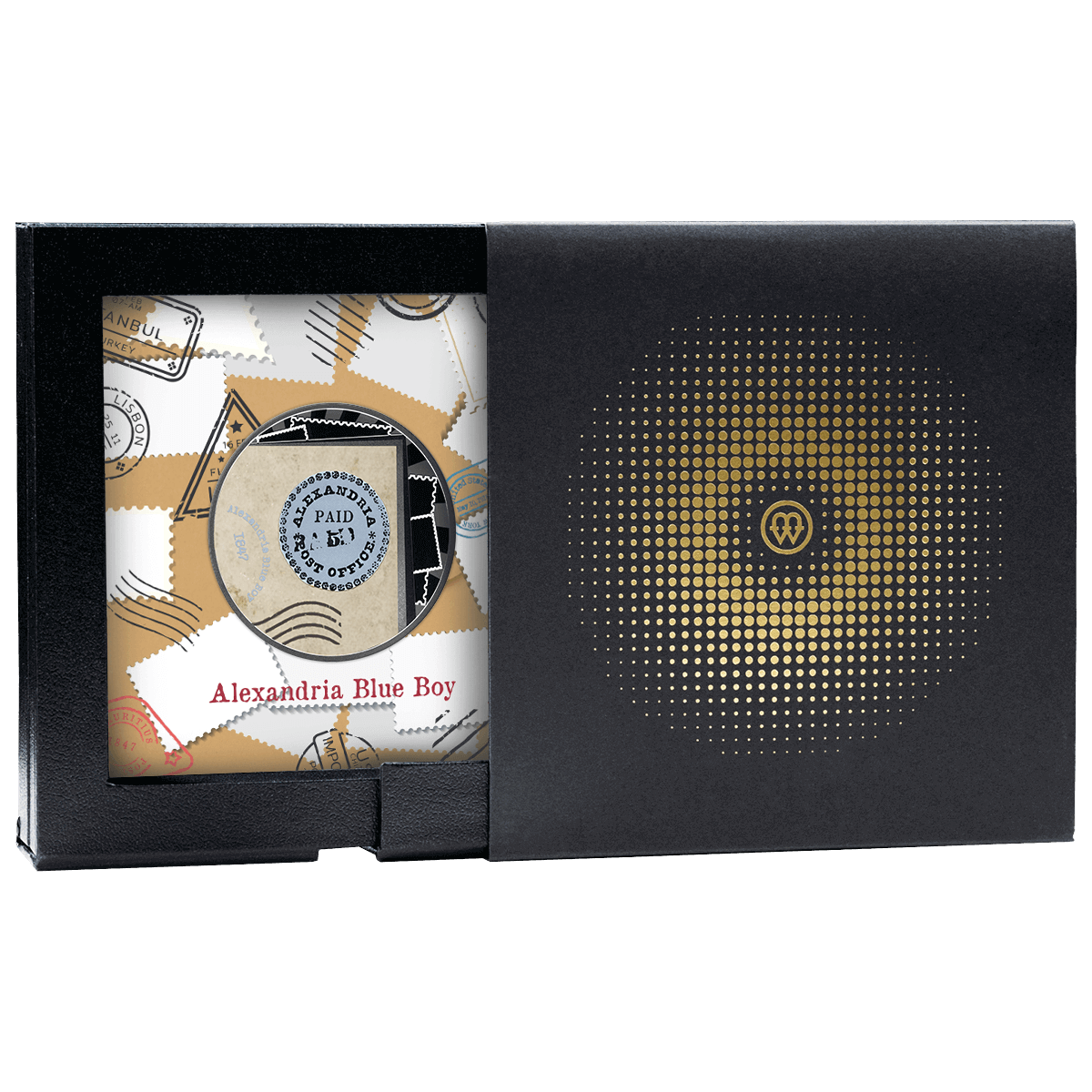 Znaczek Alexandria Blue Boy, 500 franków CFA, Seria: Najdroższe znaczki świata, pudełko