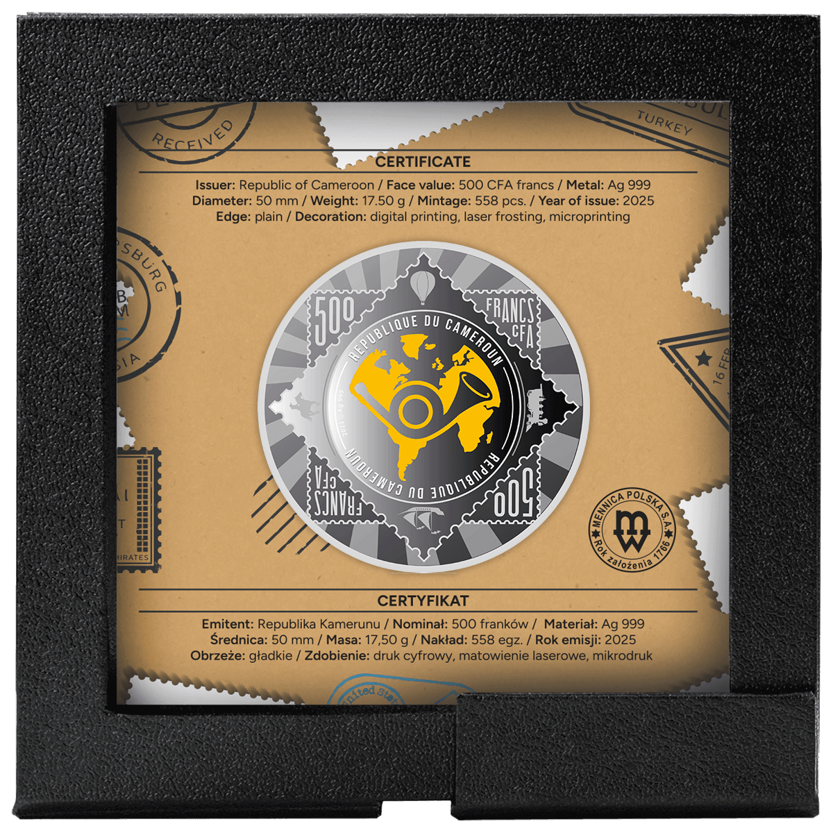 Znaczek Alexandria Blue Boy, 500 franków CFA, Seria: Najdroższe znaczki świata, pudełko