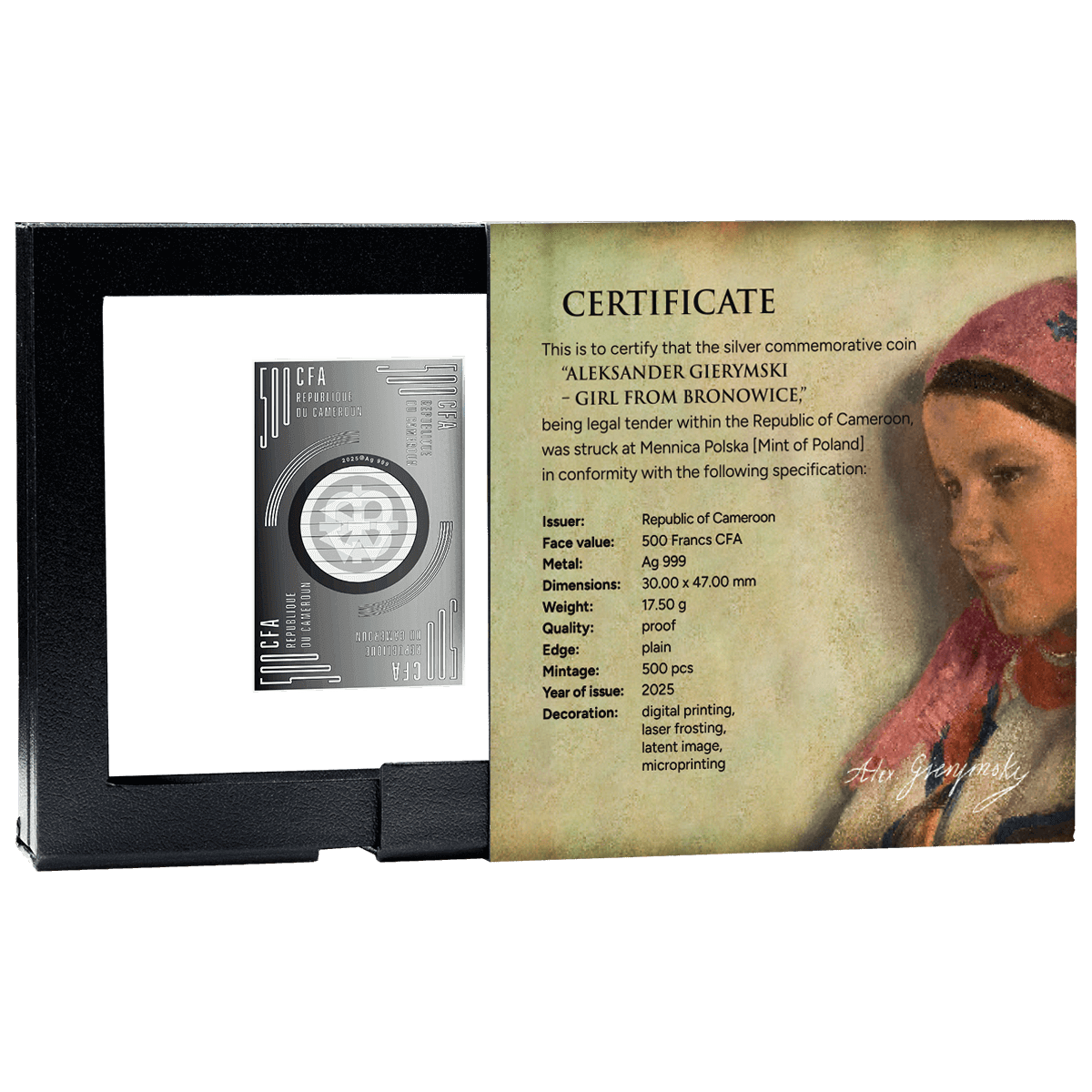 Girl from Bronowice_box_2 Aleksander Gierymski, Dziewczyna z Bronowic, 500 franków CFA, pudełko